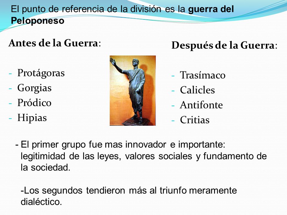 Antes de la Guerra: Después de la Guerra: Protágoras Trasímaco Gorgias