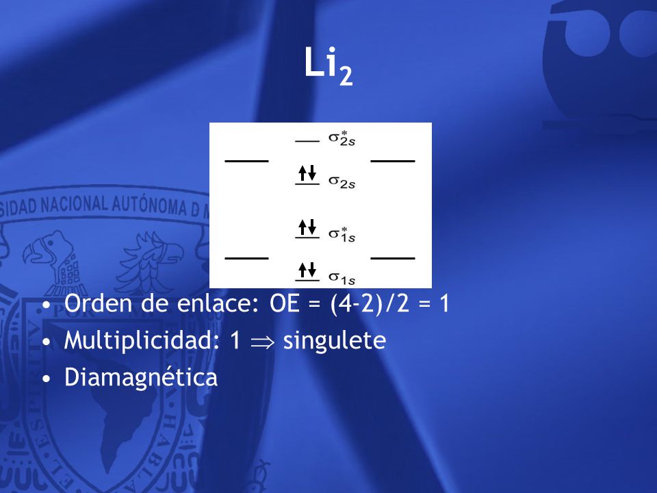 Li2 Orden de enlace: OE = (4-2)/2 = 1 Multiplicidad: 1  singulete