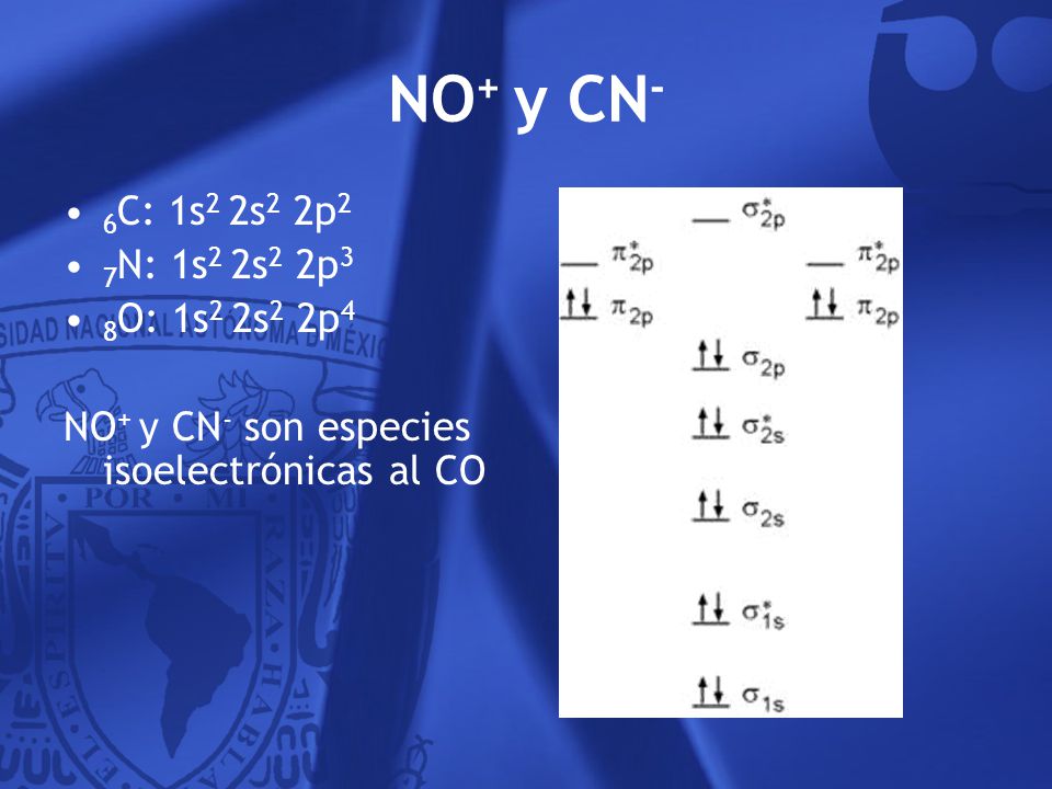 NO+ y CN- 6C: 1s2 2s2 2p2 7N: 1s2 2s2 2p3 8O: 1s2 2s2 2p4