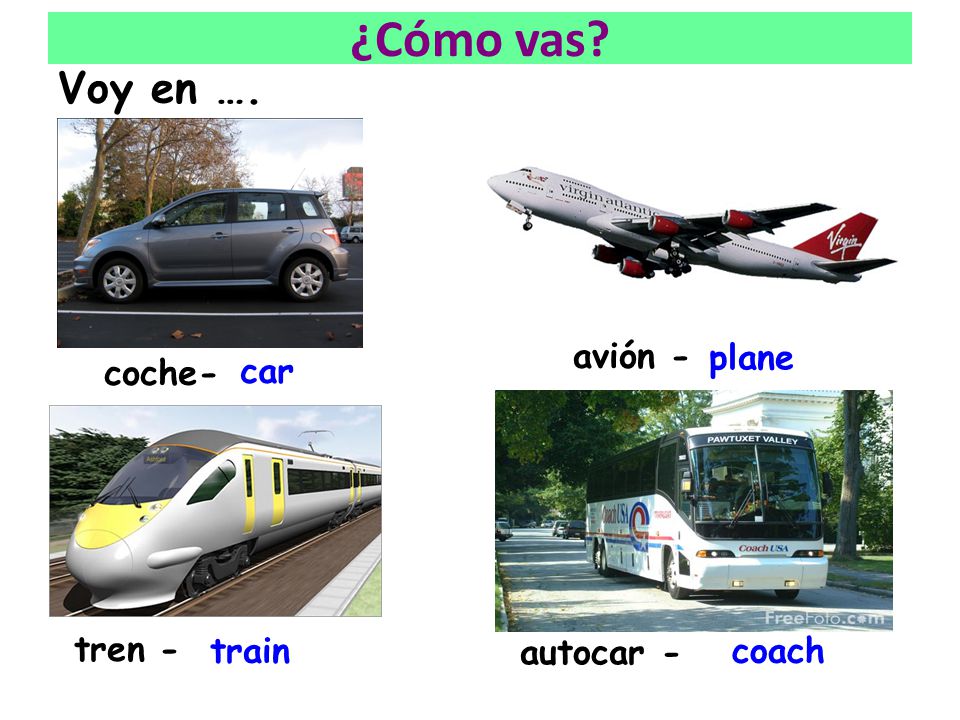 ¿Cómo vas Voy en …. avión - plane coche- car tren - train autocar -