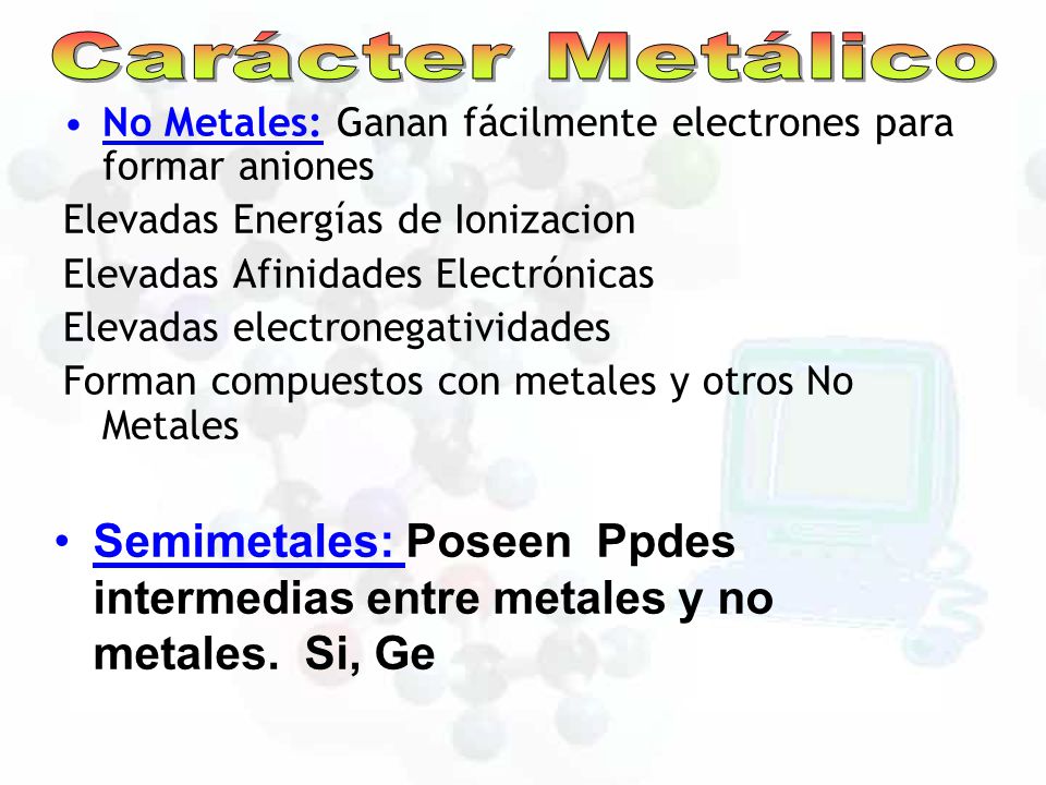 Carácter Metálico No Metales: Ganan fácilmente electrones para formar aniones. Elevadas Energías de Ionizacion.