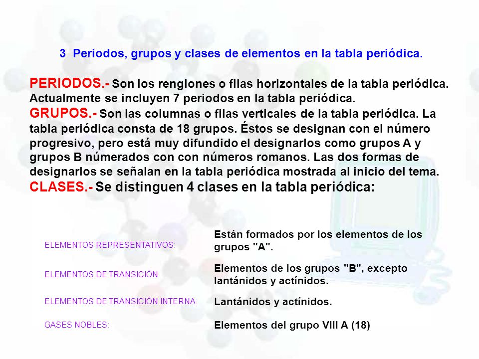 3 Periodos, grupos y clases de elementos en la tabla periódica.