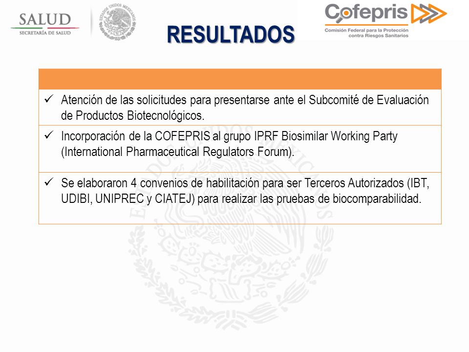 RESULTADOS Atención de las solicitudes para presentarse ante el Subcomité de Evaluación de Productos Biotecnológicos.