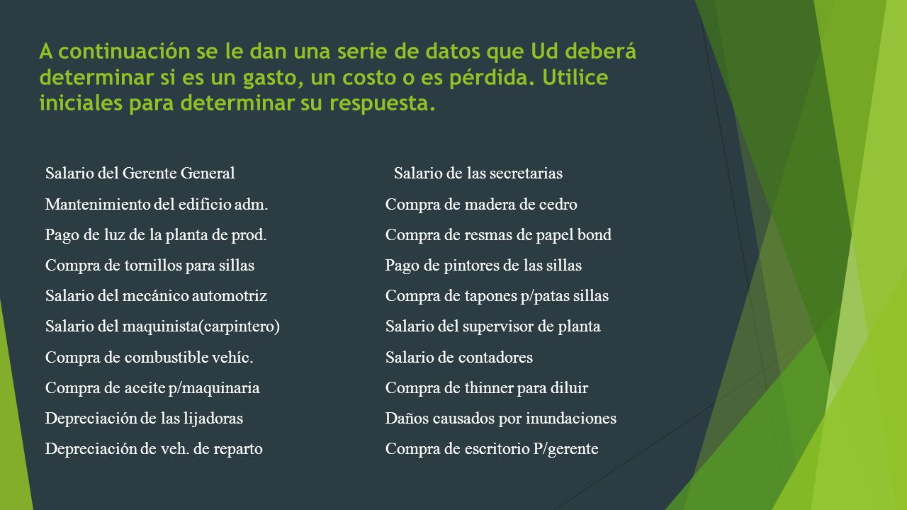 A continuación se le dan una serie de datos que Ud deberá determinar si es un gasto, un costo o es pérdida. Utilice iniciales para determinar su respuesta.