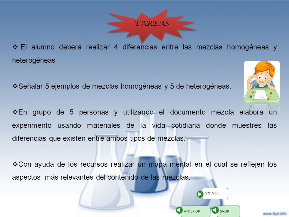 Señalar 5 ejemplos de mezclas homogéneas y 5 de heterogéneas.