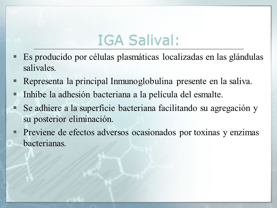 IGA Salival: Es producido por células plasmáticas localizadas en las glándulas salivales.
