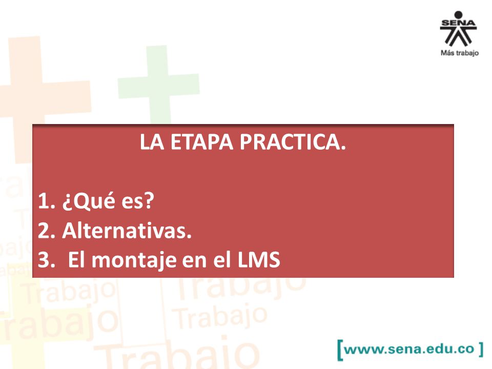 LA ETAPA PRACTICA. 1. ¿Qué es 2. Alternativas. 3. El montaje en el LMS