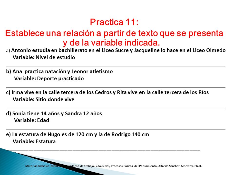 Practica 11: Establece una relación a partir de texto que se presenta y de la variable indicada.
