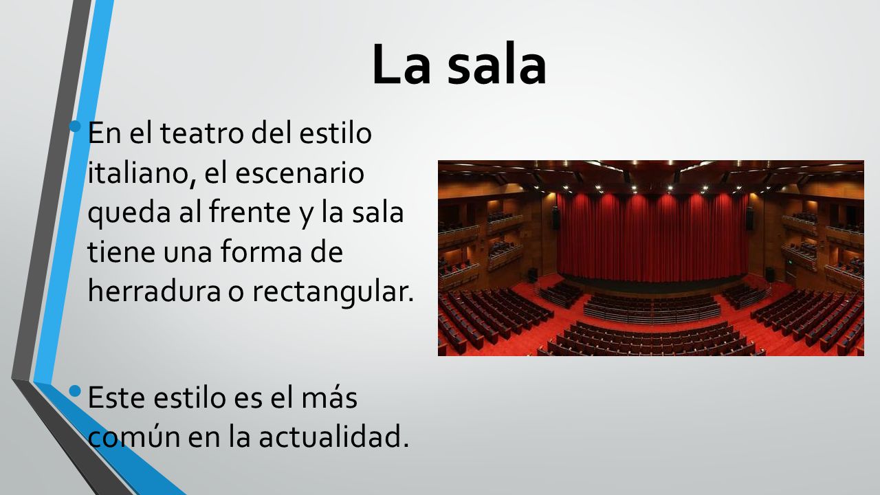 La sala En el teatro del estilo italiano, el escenario queda al frente y la sala tiene una forma de herradura o rectangular.