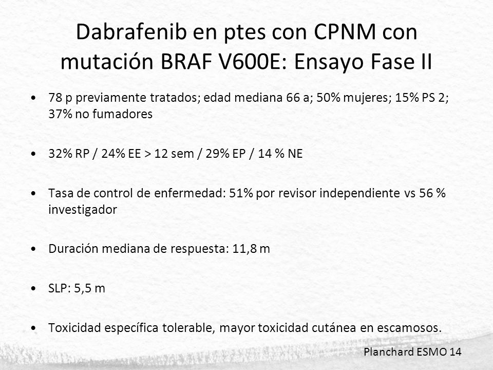 Dabrafenib en ptes con CPNM con mutación BRAF V600E: Ensayo Fase II
