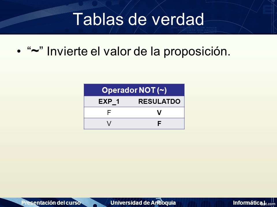 Tablas de verdad ~ Invierte el valor de la proposición.