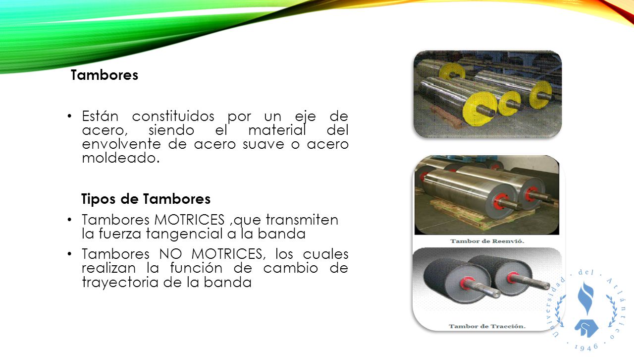 Tambores Están constituidos por un eje de acero, siendo el material del envolvente de acero suave o acero moldeado.