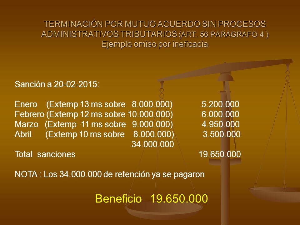 TERMINACIÓN POR MUTUO ACUERDO SIN PROCESOS ADMINISTRATIVOS TRIBUTARIOS (ART. 56 PARAGRAFO 4 ) Ejemplo omiso por ineficacia