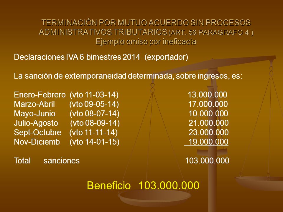 TERMINACIÓN POR MUTUO ACUERDO SIN PROCESOS ADMINISTRATIVOS TRIBUTARIOS (ART. 56 PARAGRAFO 4 ) Ejemplo omiso por ineficacia