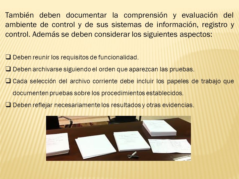 También deben documentar la comprensión y evaluación del ambiente de control y de sus sistemas de información, registro y control. Además se deben considerar los siguientes aspectos: