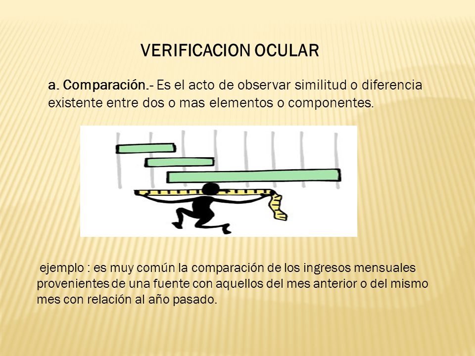 VERIFICACION OCULAR a. Comparación.‐ Es el acto de observar similitud o diferencia existente entre dos o mas elementos o componentes.