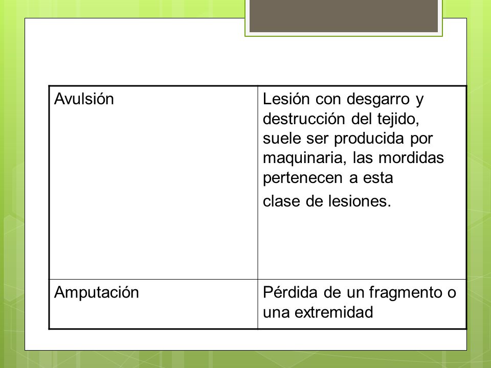 Avulsión Lesión con desgarro y destrucción del tejido, suele ser producida por maquinaria, las mordidas pertenecen a esta.