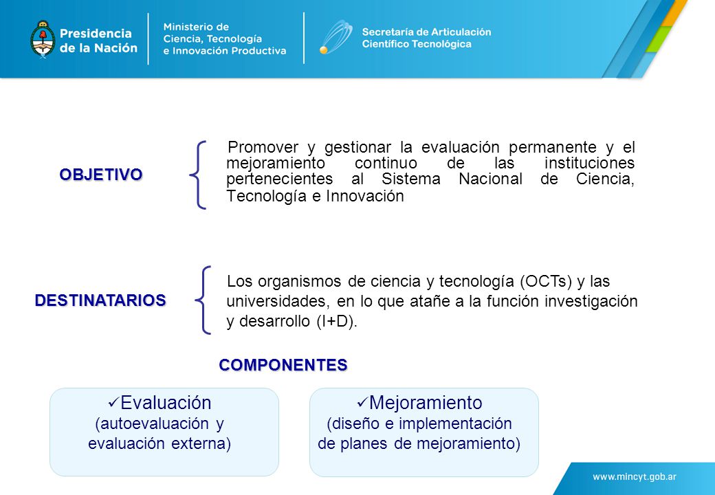 Promover y gestionar la evaluación permanente y el mejoramiento continuo de las instituciones pertenecientes al Sistema Nacional de Ciencia, Tecnología e Innovación