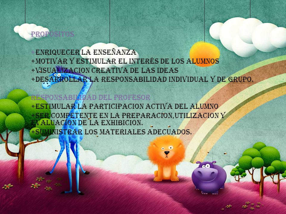 Propósitos +enriquecer la enseñanza. +motivar y estimular el interés de los ALUMNOS. +VISUALIZACION CREATIVA DE LAS IDEAS.