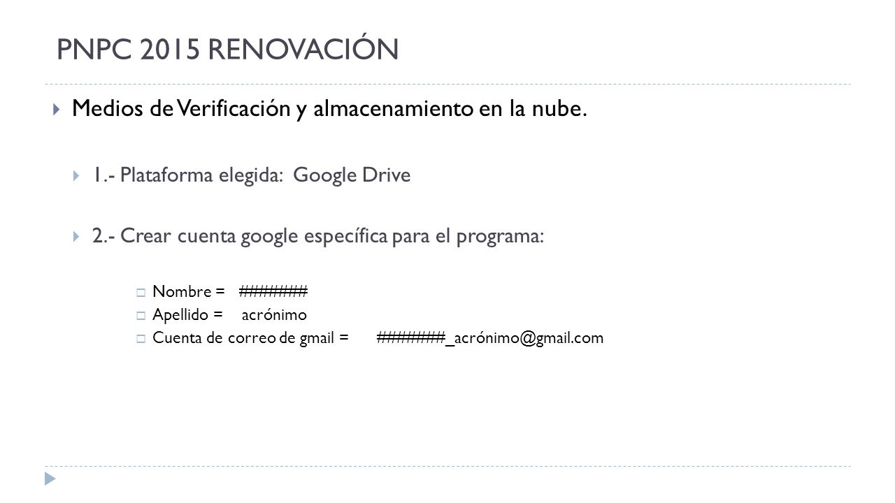 PNPC 2015 RENOVACIÓN Medios de Verificación y almacenamiento en la nube. 1.- Plataforma elegida: Google Drive.