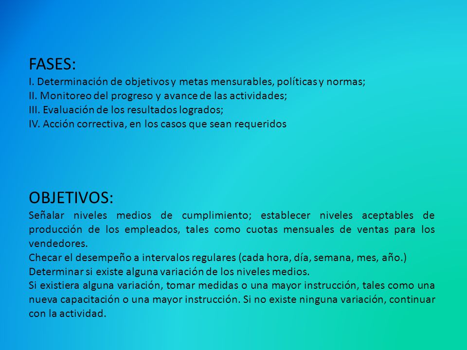FASES: I. Determinación de objetivos y metas mensurables, políticas y normas; II. Monitoreo del progreso y avance de las actividades; III. Evaluación de los resultados logrados; IV. Acción correctiva, en los casos que sean requeridos