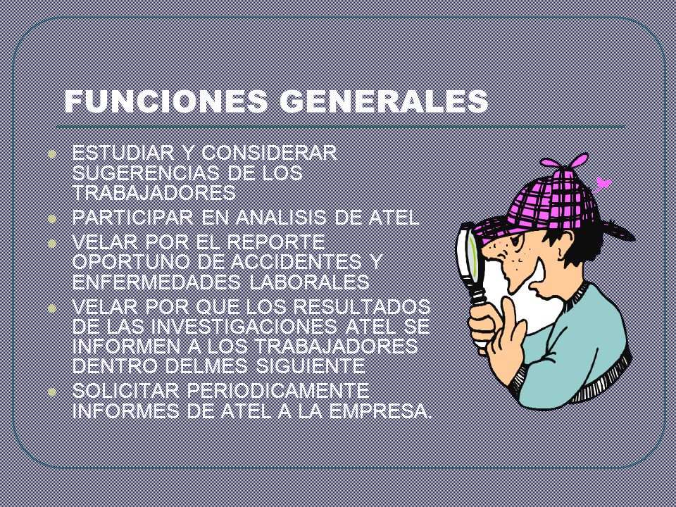 FUNCIONES GENERALES ESTUDIAR Y CONSIDERAR SUGERENCIAS DE LOS TRABAJADORES. PARTICIPAR EN ANALISIS DE ATEL.