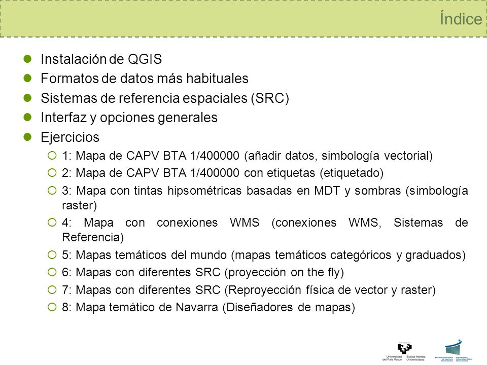 Índice Instalación de QGIS Formatos de datos más habituales
