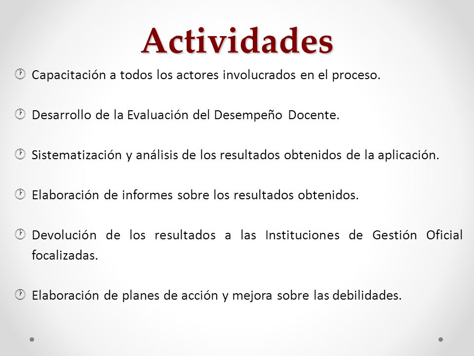 Actividades Capacitación a todos los actores involucrados en el proceso. Desarrollo de la Evaluación del Desempeño Docente.