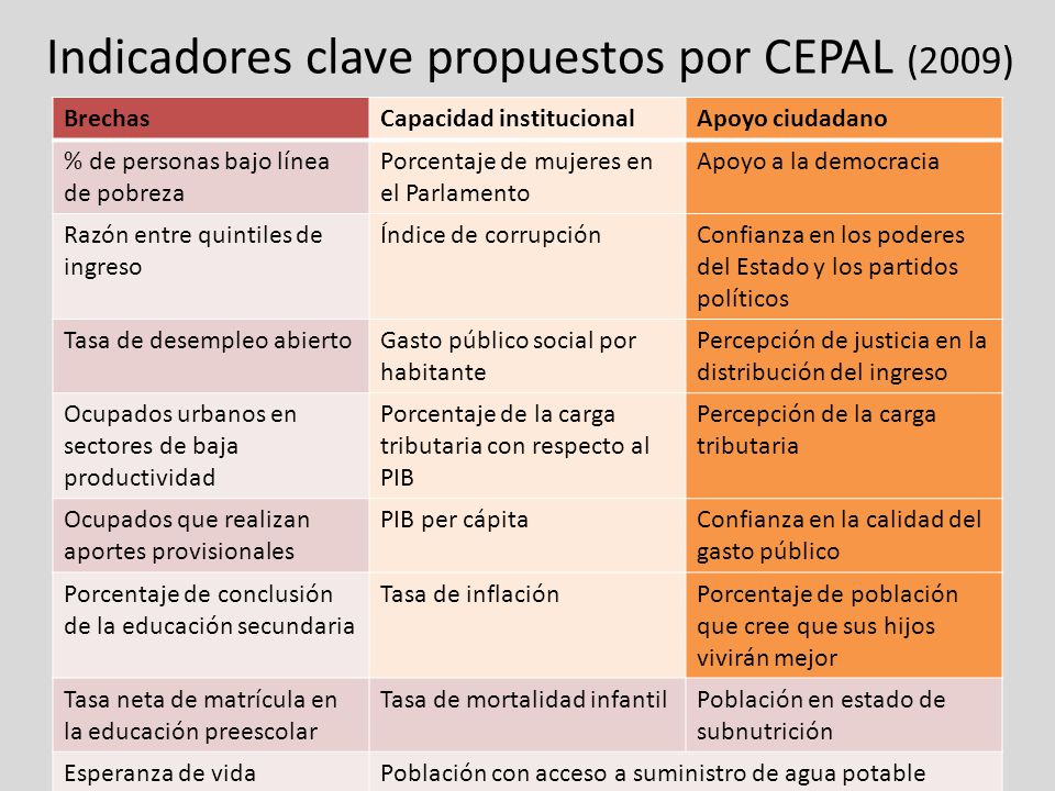 Indicadores clave propuestos por CEPAL (2009)