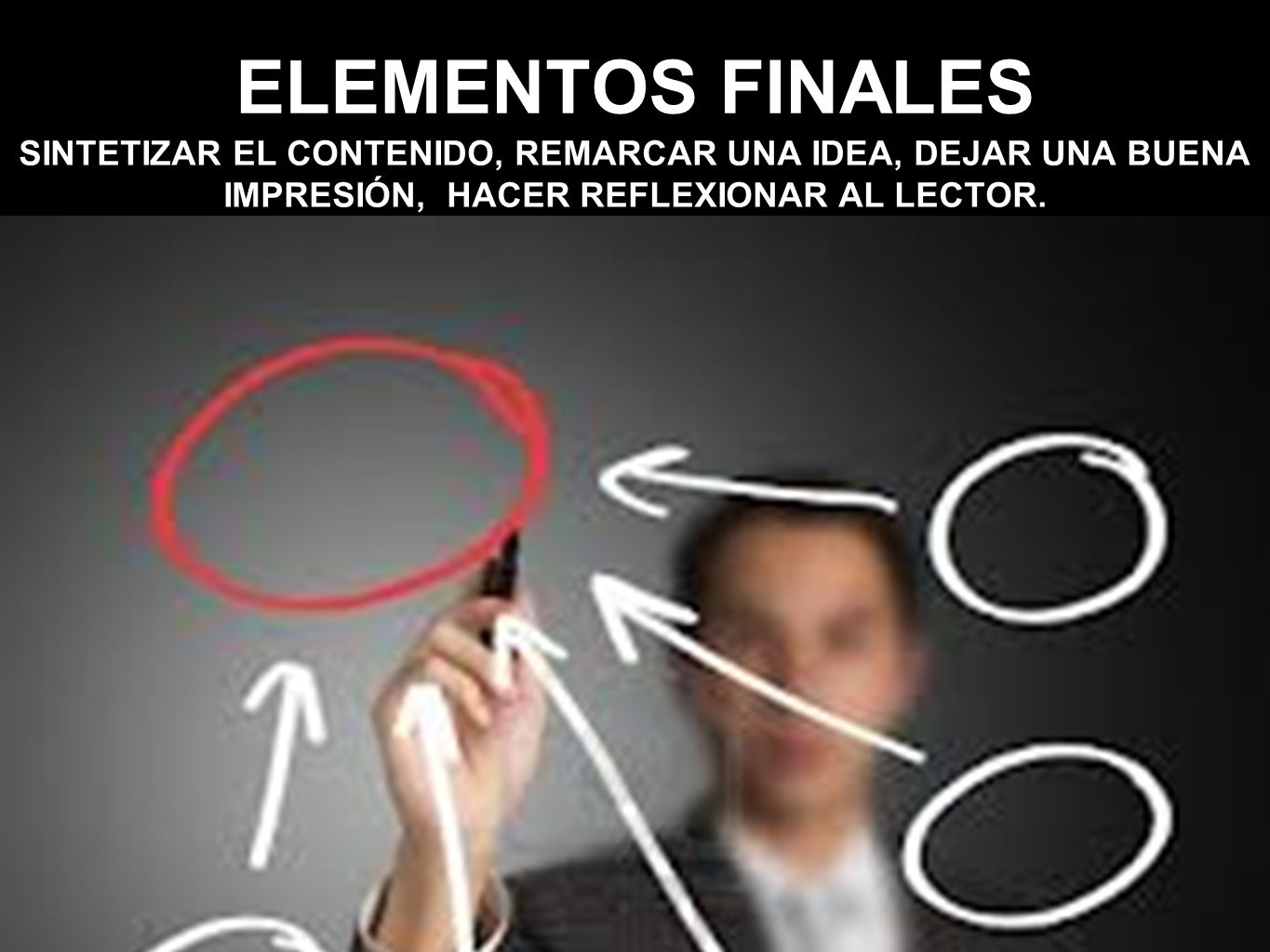 ELEMENTOS FINALES SINTETIZAR EL CONTENIDO, REMARCAR UNA IDEA, DEJAR UNA BUENA IMPRESIÓN, HACER REFLEXIONAR AL LECTOR.