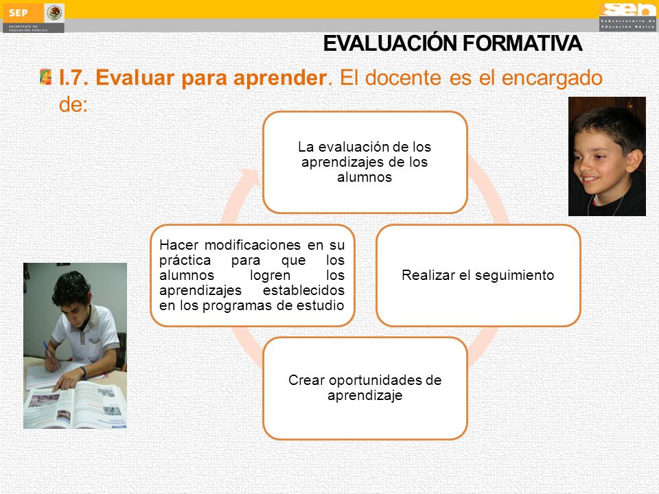 EVALUACIÓN FORMATIVA I.7. Evaluar para aprender. El docente es el encargado de: La evaluación de los aprendizajes de los alumnos.