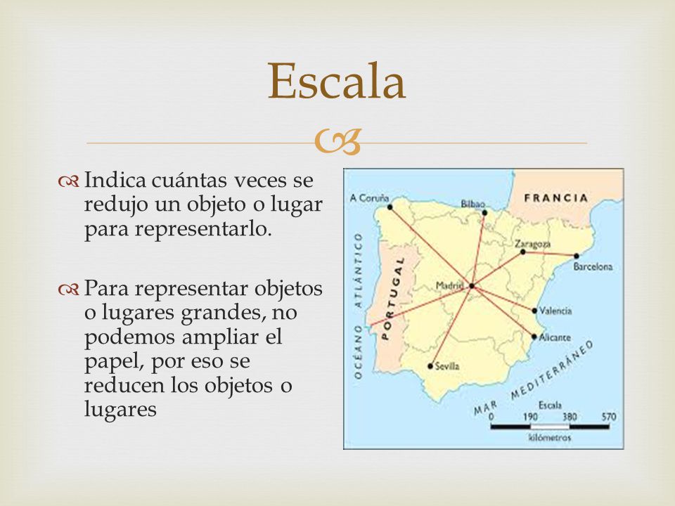 Escala Indica cuántas veces se redujo un objeto o lugar para representarlo.
