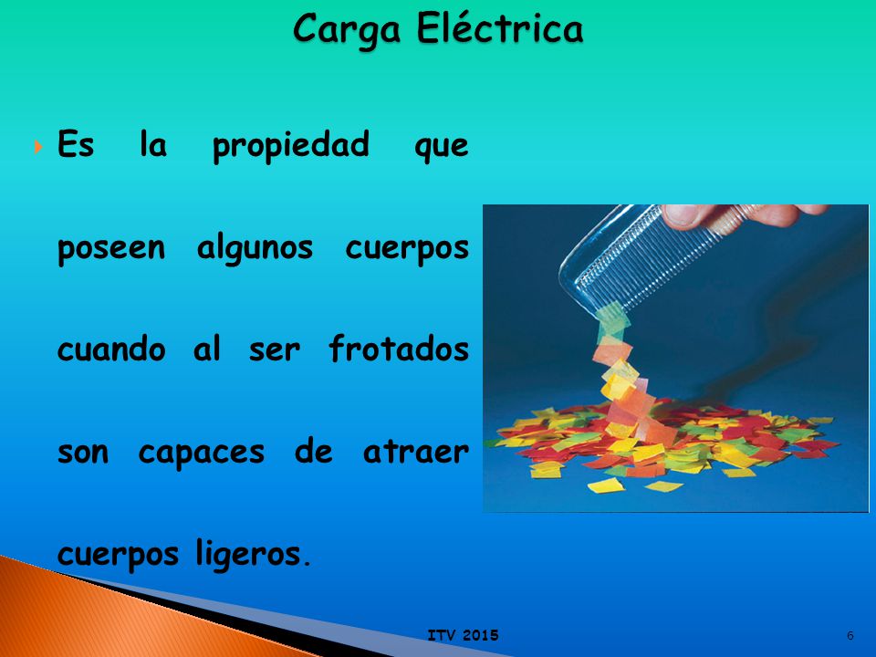 Carga Eléctrica Es la propiedad que poseen algunos cuerpos cuando al ser frotados son capaces de atraer cuerpos ligeros.