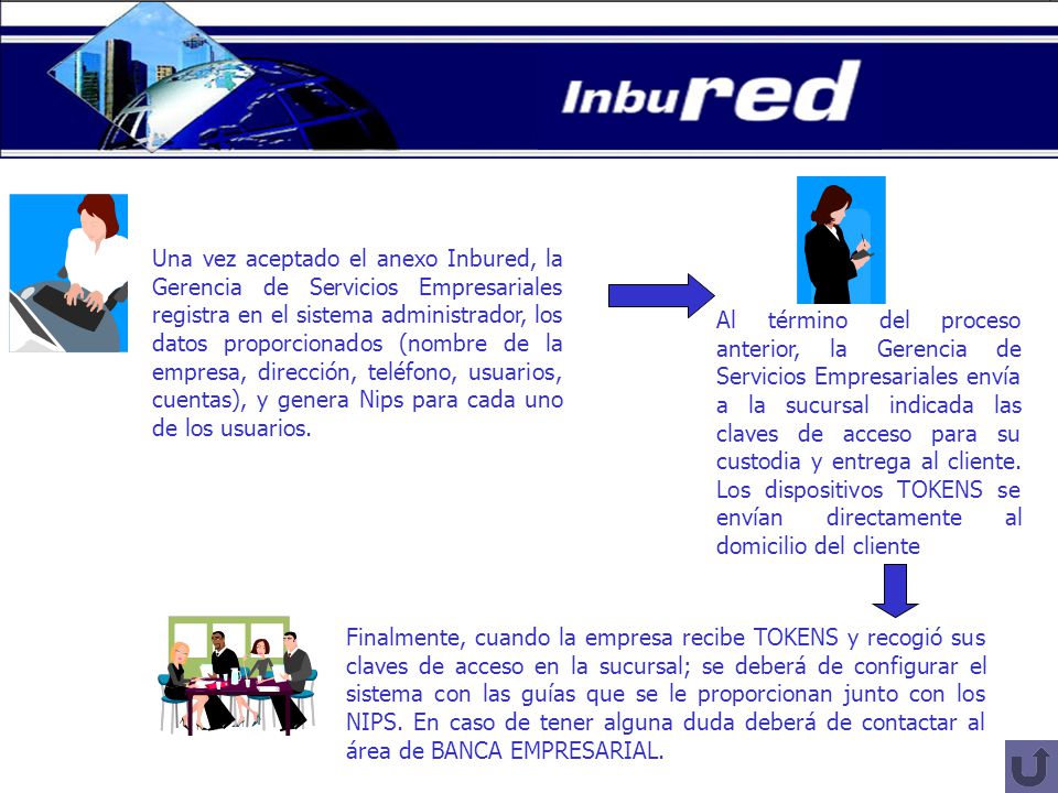 Una vez aceptado el anexo Inbured, la Gerencia de Servicios Empresariales registra en el sistema administrador, los datos proporcionados (nombre de la empresa, dirección, teléfono, usuarios, cuentas), y genera Nips para cada uno de los usuarios.