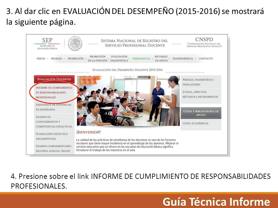 3. Al dar clic en EVALUACIÓN DEL DESEMPEÑO ( ) se mostrará la siguiente página.