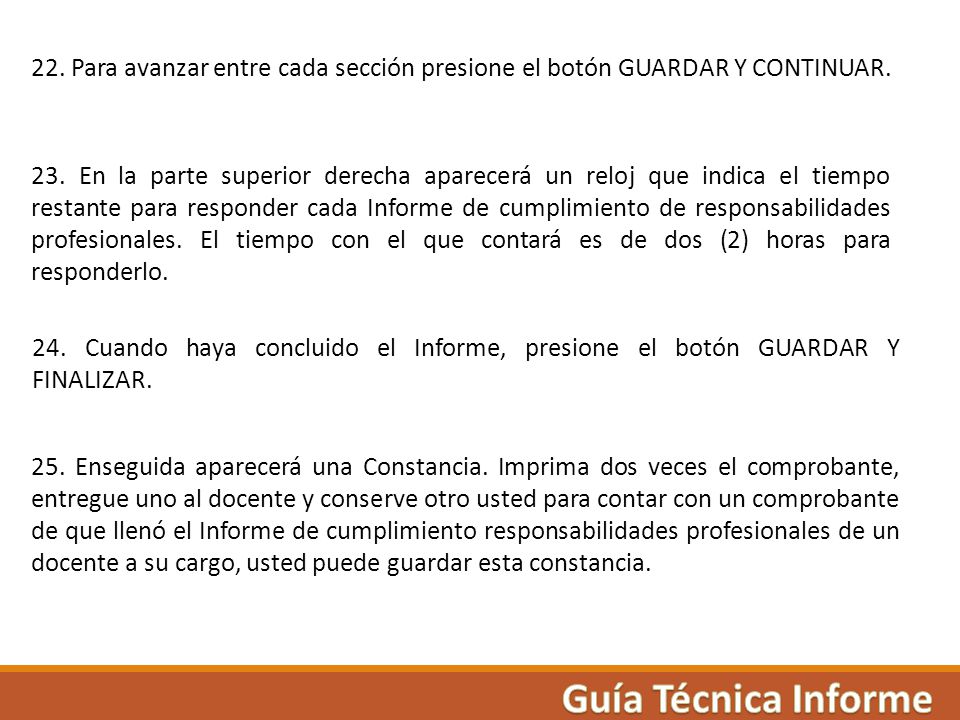 22. Para avanzar entre cada sección presione el botón GUARDAR Y CONTINUAR.