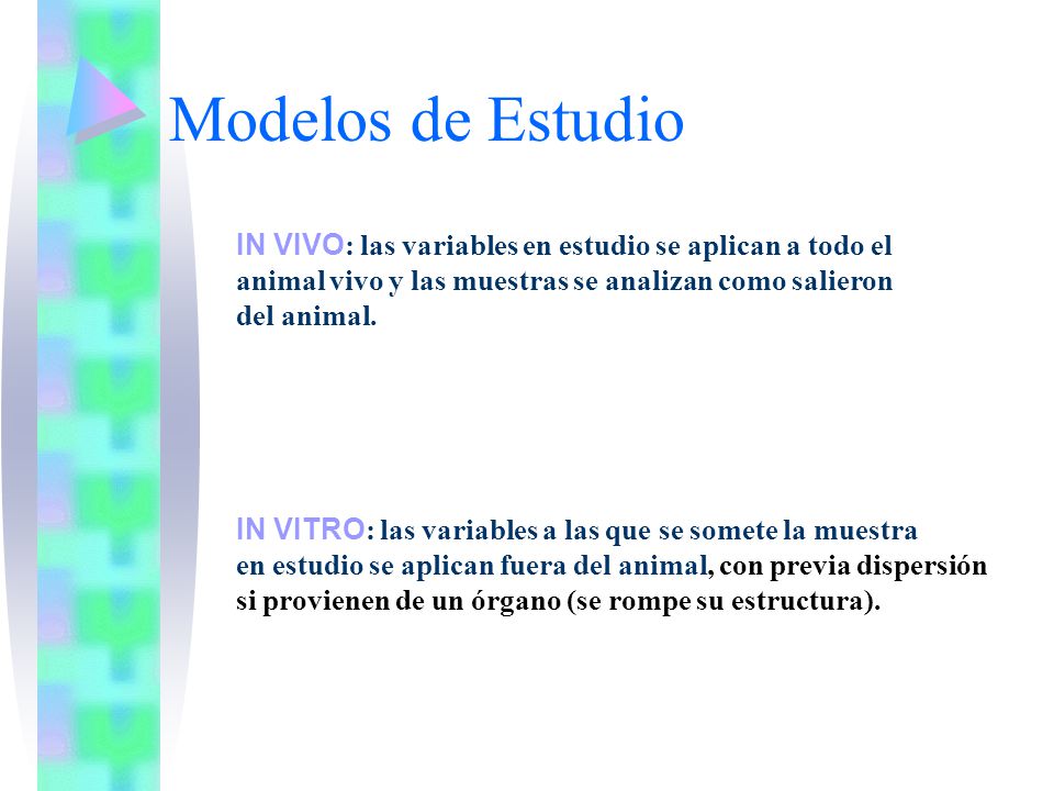 Modelos de Estudio IN VIVO: las variables en estudio se aplican a todo el. animal vivo y las muestras se analizan como salieron.