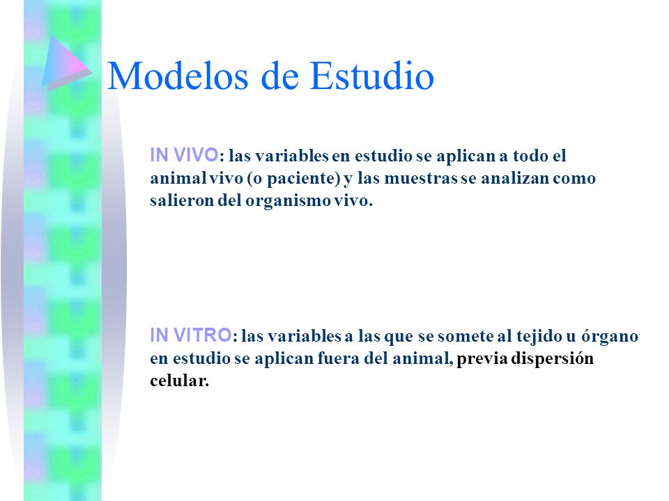 Modelos de Estudio IN VIVO: las variables en estudio se aplican a todo el. animal vivo (o paciente) y las muestras se analizan como.