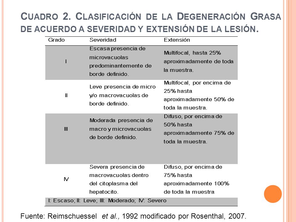 Cuadro 2. Clasificación de la Degeneración Grasa de acuerdo a severidad y extensión de la lesión.