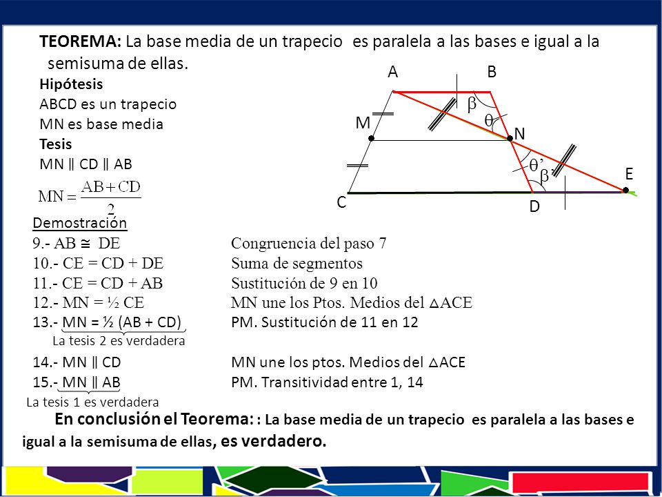 TEOREMA: La base media de un trapecio es paralela a las bases e igual a la