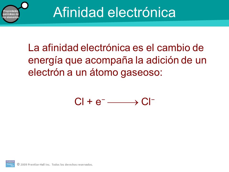 Afinidad electrónica La afinidad electrónica es el cambio de energía que acompaña la adición de un electrón a un átomo gaseoso: