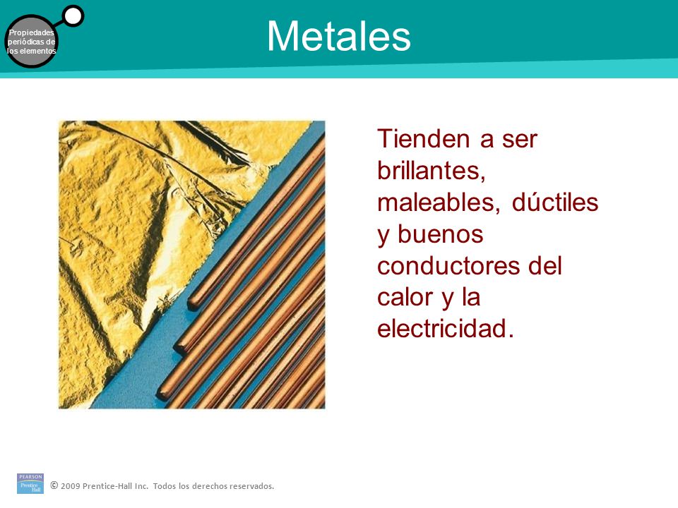 Metales Tienden a ser brillantes, maleables, dúctiles y buenos conductores del calor y la electricidad.