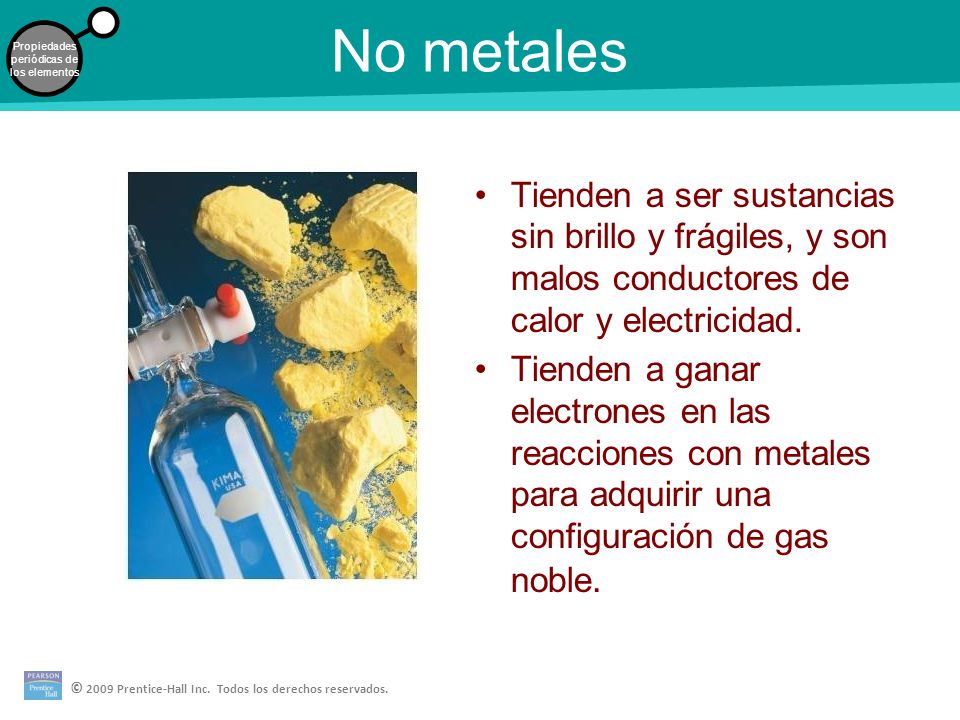 No metales Tienden a ser sustancias sin brillo y frágiles, y son malos conductores de calor y electricidad.