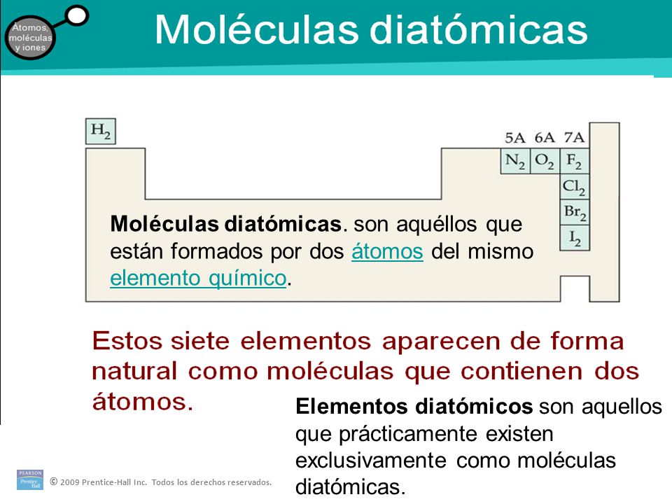 Moléculas diatómicas. son aquéllos que están formados por dos átomos del mismo elemento químico.