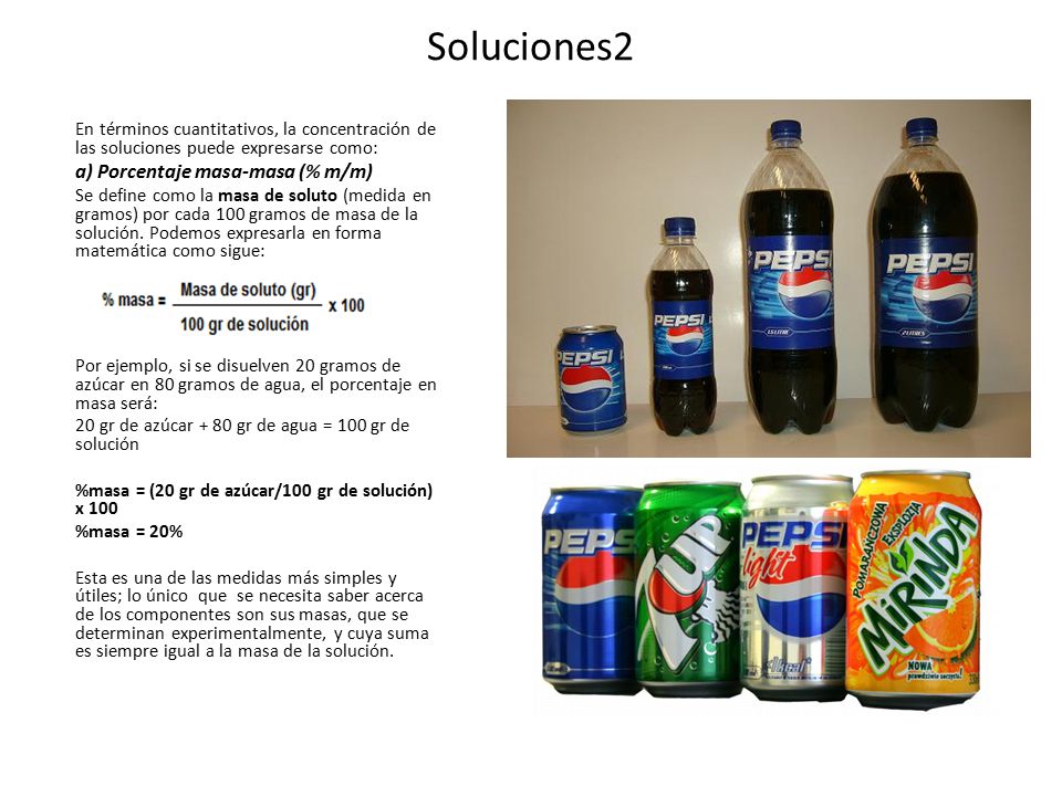 Soluciones2 En términos cuantitativos, la concentración de las soluciones puede expresarse como: a) Porcentaje masa-masa (% m/m)
