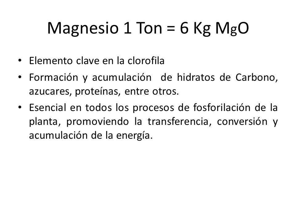 Magnesio 1 Ton = 6 Kg MgO Elemento clave en la clorofila