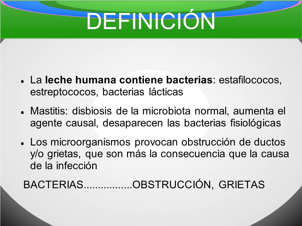DEFINICIÓN La leche humana contiene bacterias: estafilococos, estreptococos, bacterias lácticas.