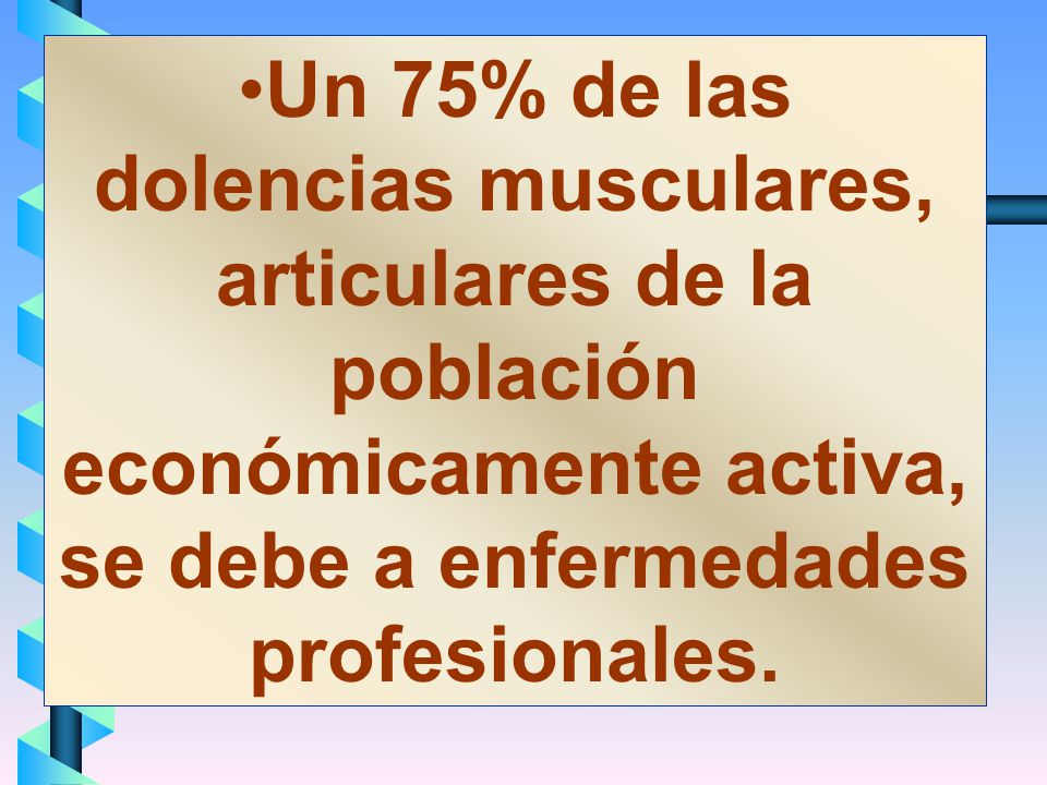 Un 75% de las dolencias musculares, articulares de la población económicamente activa, se debe a enfermedades profesionales.