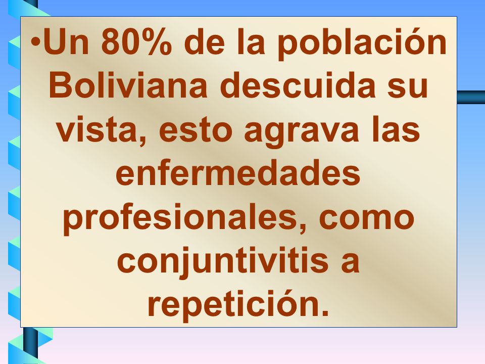 Un 80% de la población Boliviana descuida su vista, esto agrava las enfermedades profesionales, como conjuntivitis a repetición.