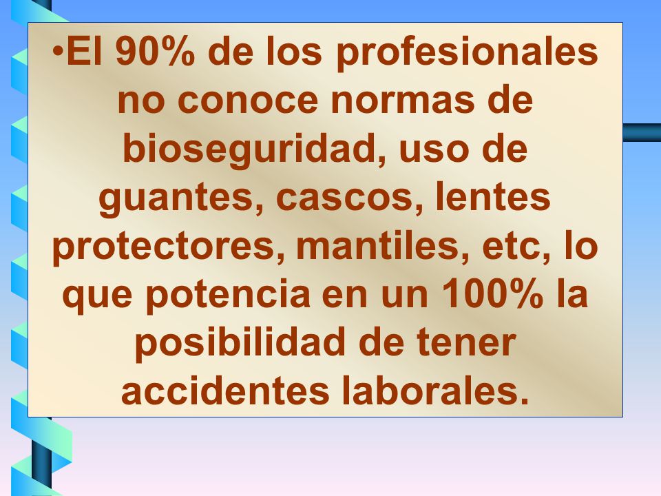 El 90% de los profesionales no conoce normas de bioseguridad, uso de guantes, cascos, lentes protectores, mantiles, etc, lo que potencia en un 100% la posibilidad de tener accidentes laborales.